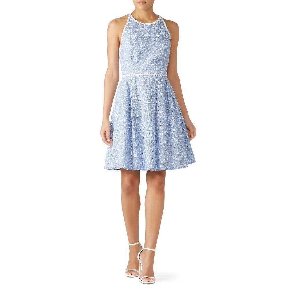 Lilly Pulitzer Tori Dress Floral Eyelet Lace Trim Sleeveless Fit & Flare Blue 8
